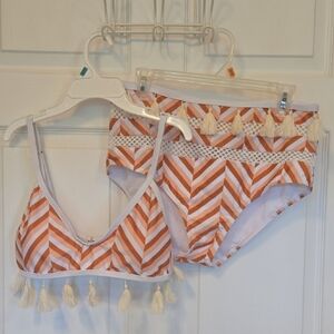 Striped Tassel Bikini Set - Orange & White